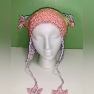 Handmade Crocheted Pastel Rainbow Pixie Hat / Ear Flap Bonnet